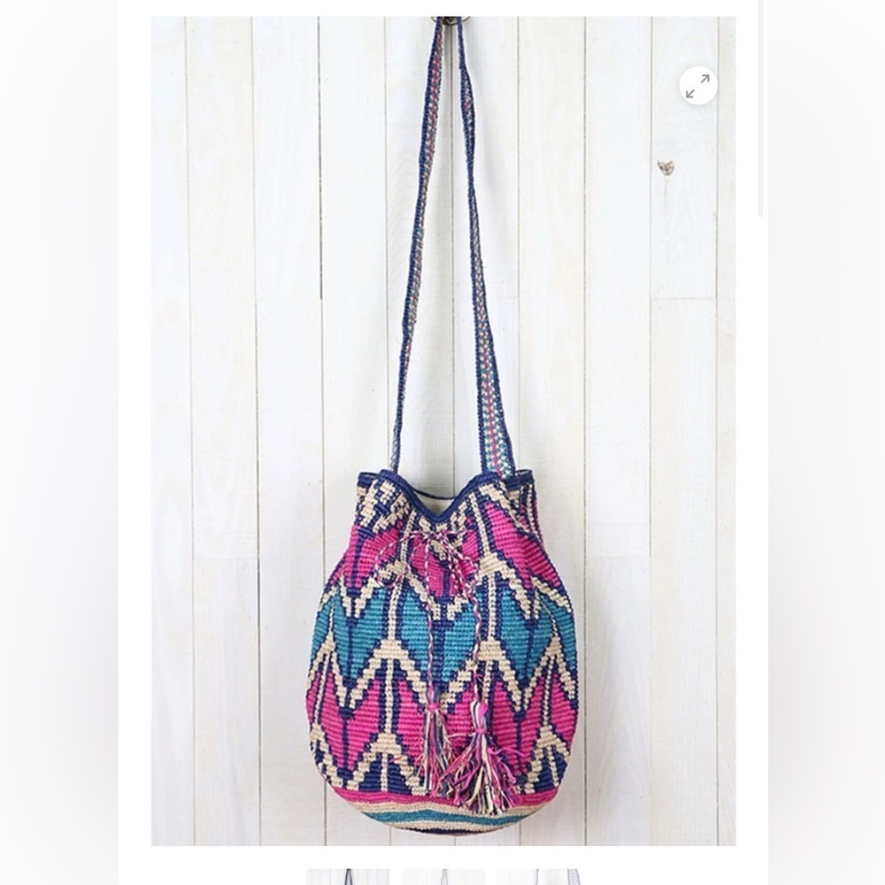 Lovestitch Pink and Blue Woven Phoenix Raffia Drawstring Bag